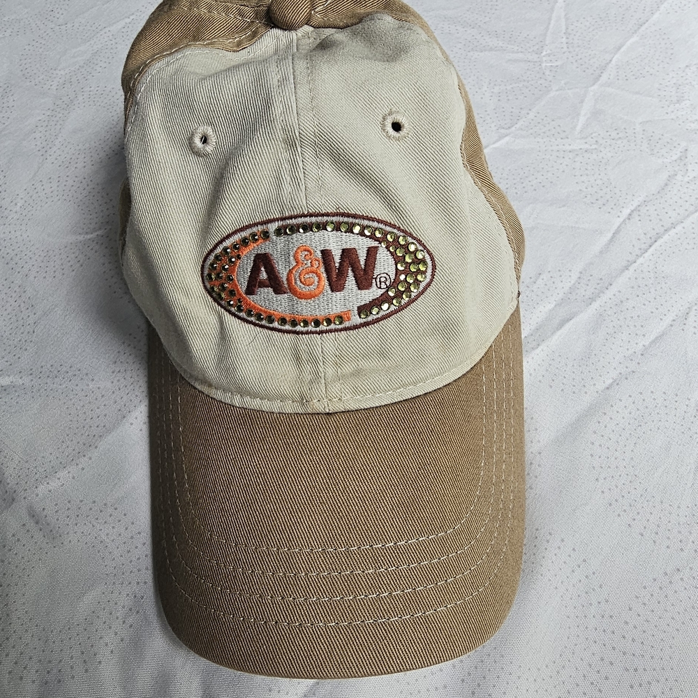 A&W Logo Beige and Brown Cap Rhinestone Studded